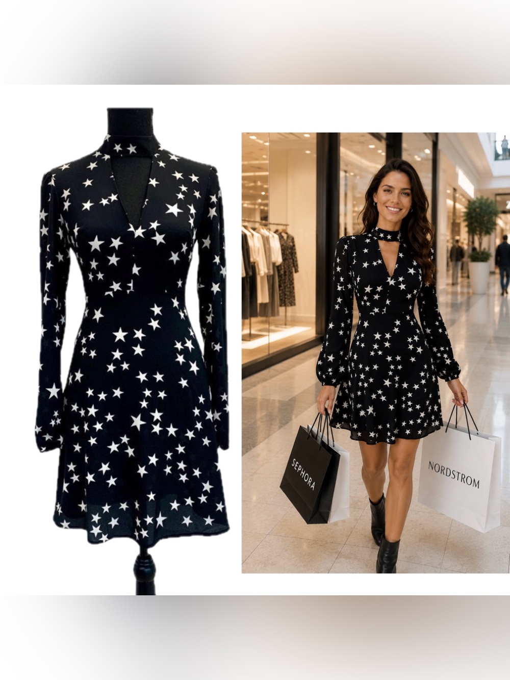 ATMOSPHERE black white star print mini flare dress chest cut-out Sz 2